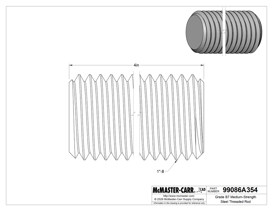 Technical Drawing of Grade B7 Medium-Strength Steel Threaded Rod, Zinc Yellow-Chromate Plated, 1"-8 Thread Size, 4" Long.